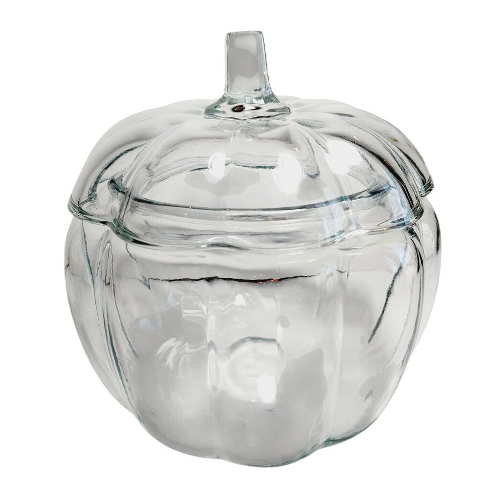 Vintage Anchor Hocking Cookie or Candy Jar Clear Glass Pumpkin Shaped with Lid - Picture 2 of 8